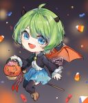  1girl :d bangs black_jacket black_legwear black_nails blue_eyes boots brown_footwear candy candy_corn chibi commentary dated demon_girl demon_horns demon_wings english_commentary fang food frilled_sleeves frills full_body green_hair hair_between_eyes halloween_bucket holding horns jacket kobutanori long_sleeves looking_at_viewer nail_polish original red_wings shirt short_hair signature sleeves_past_wrists smile solo thigh-highs thighhighs_under_boots white_shirt wide_sleeves wings 
