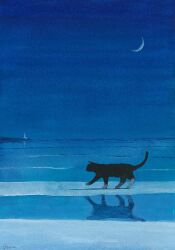  animal animal_focus black_cat blue_theme cat commentary_request crescent_moon goma_ramen_(gomaramen888) highres ice moon night night_sky no_humans original reflection sky 