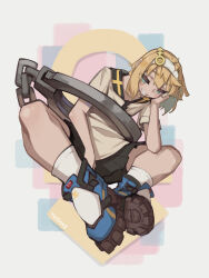 1girl absurdres androgyne_symbol aqua_eyes beige_shirt bike_shorts bike_shorts_under_skirt black_shorts black_skirt blonde_hair blue_boots blue_eyes boots bridget_(guilty_gear) cuffs female_focus female_only full_body grin guilty_gear guilty_gear_strive hair_between_eyes hairband hand_on_own_face handcuffs highres looking_at_viewer medium_hair open_mouth pleated_skirt short_sleeves shorts simple_background sitting skirt smile solo solo_focus teeth togekk0 wariza white_hairband white_socks