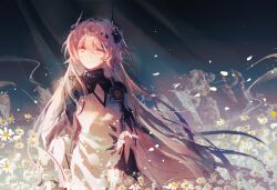  1girl absurdres arknights black_horns chinese_commentary cleavage_cutout closed_mouth clothing_cutout commentary_request cowboy_shot daisy_(flower) diamond_cutout dress enderrabbit falling_petals flower hair_intakes highres horns long_hair long_sleeves night outdoors petals pink_eyes pink_hair sky smile solo theresa_(arknights) turtleneck turtleneck_dress very_long_hair walkie-talkie white_dress white_flower white_petals 