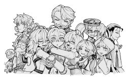  ahoge blush_stickers captain_nemo_(fate) crying facial_hair fate/grand_order fate_(series) fou_(fate) fujimaru_ritsuka_(female) fujimaru_ritsuka_(female)_(decisive_battle_chaldea_uniform) glasses goredolf_musik grand_caster_(fate) group_hug hair_over_one_eye hat headpat holding holding_smoking_pipe hug hug_from_behind jingle_abel_meuniere leonardo_da_vinci_(fate) leonardo_da_vinci_(rider)_(fate) long_hair marine_nemo_(fate) mash_kyrielight monochrome mustache nemo_(fate) olga_marie_animusphere sherlock_holmes_(fate) sion_eltnam_(type-moon) sion_eltnam_sokaris smile smoking_pipe solomon_(fate) tunamayo_0nigir turban twintails 