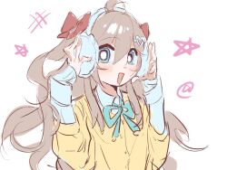 1girl :d @_(symbol) ahoge alternate_costume aqua_ribbon blue_eyes blush bow brown_hair cardigan collared_shirt curly_hair earmuffs hair_between_eyes hair_bow hair_ornament hands_on_headwear hashtag heart heart_hair_ornament lexingzi looking_at_viewer neck_ribbon neuro-sama red_bow ribbon shirt simple_background sleeves_past_wrists smile solo star_(symbol) two_side_up upper_body vedal_ai white_background white_shirt wide-eyed yellow_cardigan 