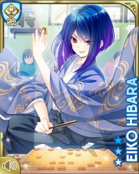  1girl :d black_hakama blue_hair blue_kimono board_game card_(medium) character_name folding_fan girlfriend_(kari) hakama hand_fan hibara_eiko holding holding_fan indian_style japanese_clothes kimono looking_at_viewer official_art qp:flapper shogi short_hair sitting smile solo tabi violet_eyes 