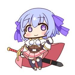  1girl armor black_thighhighs blue_hair blush boobplate bow breastplate chibi chibi_only closed_mouth commentary_request full_body gauntlets hair_bow highres holding holding_sword holding_weapon looking_at_viewer lord_knight_(ragnarok_online) miniskirt pauldrons pink_skirt purple_bow ragnarok_online shizukushigure short_hair shoulder_armor simple_background skirt smile solo sword thigh-highs violet_eyes weapon white_background 