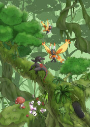  absurdres antennae bug commentary_request egg fern flying full_body highres holding holding_egg ivy jungle leaf lizard morelull moss mothim mushroom nature no_humans open_mouth outdoors plant pokemon pokemon_(creature) pokemon_egg pokemon_focus q-chan salandit solid_oval_eyes tongue tree tree_hollow vines 