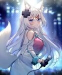  1girl animal_ear_fluff animal_ears bangs black_gloves blue_eyes blue_necktie blush clothing_cutout d-pad d-pad_hair_ornament fox_ears fox_girl fox_tail gloves grin hair_ornament hairclip highres holding holding_microphone ihachisu long_hair long_sleeves looking_at_viewer looking_to_the_side meridian_project microphone mizuki_channel necktie shoulder_cutout skirt smile solo tail teeth upper_body virtual_youtuber white_hair white_skirt 