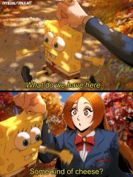  belt bleach blush bow breasts brown_eyes buck_teeth crossover fortnite green_eyes highres holding holding_sponge huge_breasts inoue_orihime karakura_high_school_uniform long_nose necktie opalis open_mouth orange_hair red_bow school_uniform sponge spongebob_squarepants spongebob_squarepants_(series) sweatdrop swinging_arms swinging_legs teeth yellow_sponge 