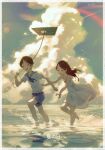  1boy 1girl absurdres bangs barefoot blue_neckerchief blue_sailor_collar blue_shorts border chasing child closed_eyes clouds cloudy_sky commentary_request dress female_child happy highres holding kite long_hair male_child neckerchief ocean original outdoors running sailor_collar short_hair shorts simo_(user_fshg3833) sky translation_request wading water white_border white_dress 