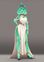  1girl :d absurdres ahoge alternate_species ankle_cuffs bare_legs bare_shoulders black_shoes blue_eyes blush breasts cipher4109 colored_skin commentary dress english_commentary fang full_body gold_ankle_cuffs gold_arm_cuffs gold_trim gold_wrist_cuffs green_hair green_skin grey_background hand_on_own_hip high_heels highres indie_virtual_youtuber long_dress looking_at_viewer medium_hair mint_fantome monster_girl open_mouth shoes side_slit single_arm_cuff skin_fang sleeveless sleeveless_dress slime_girl small_breasts smile solo standing straight-on tiara tongue variant_set virtual_youtuber white_dress 