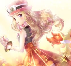  1girl black_shirt blue_eyes bracelet breasts brown_hair closed_mouth commentary delphox eyewear_on_headwear fingernails hat high-waist_skirt highres holding holding_poke_ball jewelry konna-nani lens_flare light_smile long_hair looking_at_viewer looking_to_the_side low-tied_long_hair mega_ring outdoors poke_ball pokemon pokemon_(creature) pokemon_xy red_hat red_skirt serena_(pokemon) shirt skirt sleeveless sleeveless_shirt sparkle sunglasses symbol-only_commentary white-framed_eyewear 