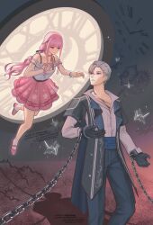  1boy 1girl arm_cutout artist_name bare_legs bare_shoulders belt black_background black_belt black_bow black_gloves black_ribbon blue_corset blue_pants blunt_bangs bow bow_choker bowtie bra_strap brown_eyes buttons center_frills choker claw_mark clock clothing_cutout coat coattails collarbone collared_coat collared_shirt commentary contrast_lapels corset cuffs denim dress_shirt english_commentary feet_out_of_frame floating frilled_shirt frilled_skirt frilled_sleeves frills full_body gears giovanni_(infinity_nikki) gloves grey_coat grey_eyes grey_hair hair_bow hair_over_one_eye hair_ribbon hand_on_own_chest highres infinity_nikki jeans knees lapels layered_skirt layered_sleeves light_particles long_hair long_sidelocks long_sleeves looking_at_another low_twintails mary_janes miniskirt nao_(sprinkanao) nikki_(nikki) nikki_(series) notched_lapels off-shoulder_shirt off_shoulder open_clothes open_coat origami outstretched_hand pants paper_crane parted_lips perfect_start_(infinity_nikki) pink_bow pink_bowtie pink_choker pink_hair pink_shoes pink_skirt pleated_skirt print_skirt puffy_long_sleeves puffy_sleeves ribbon see-through_clothes see-through_sleeves shackles shadow shirt shoes short_hair short_over_long_sleeves short_sleeves sidelocks single_stripe skirt sleeves_past_wrists snowflake_print snowflakes socks standing striped_bow striped_bowtie striped_choker striped_clothes tailcoat teeth thorns tress_ribbon twintails very_long_hair watermark wavy_hair white_shirt white_skirt white_socks 