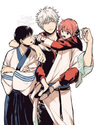  1girl 2boys bun_cover china_dress chinese_clothes dress gintama hair_bun japanese_clothes kagura_(gintama) kimono multiple_boys open_clothes open_kimono orange_hair sakata_gintoki shimura_shinpachi wakaya_hana white_kimono 