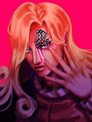  1boy american_flag american_flag_print blonde_hair closed_mouth clown collar curly_hair english_commentary facepaint fingernails flag_print frilled_collar frilled_shirt_collar frills funny_valentine hand_on_own_face highres jojo_no_kimyou_na_bouken leomii_quinn long_hair long_sleeves looking_at_viewer male_focus pink_background red_background shirt simple_background solo steel_ball_run twitter_username upper_body violet_eyes 