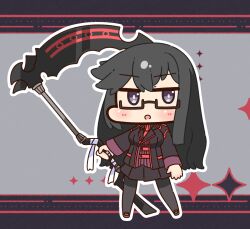  1girl :o black-framed_eyewear black_eyes black_hair black_jacket black_pantyhose black_skirt blush breasts brown_shoes chibi chibi_only commentary_request full_body glasses grey_background heart_hunter_evil highres holding holding_scythe jacket long_hair looking_at_viewer medium_breasts necktie open_mouth pantyhose pleated_skirt ragnarok_online red_necktie scythe semi-rimless_eyewear shizukushigure shoes skirt solo under-rim_eyewear 