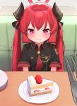  1girl black_shirt blue_archive blush cake cake_slice collared_shirt couch food food_on_face fork fruit halo highres horns hub_(havu_obi) junko_(blue_archive) long_hair on_couch plate redhead shirt short_sleeves sitting solo strawberry sweat table trembling twintails very_long_hair violet_eyes 
