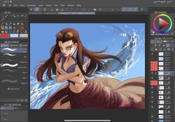  1girl arabic_commentary art_program_in_frame black_hair blue_eyes blue_jacket brown_hair commentary_request crossed_arms eyewear_on_head hair_slicked_back high_collar highres jacket long_hair looking_at_viewer midriff milktea_tq navel nico_robin one_piece orange-tinted_eyewear pink_sarong sarong solo tinted_eyewear water 