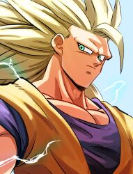  1boy 9302w_(user_wjpg8475) blonde_hair blue_shirt check_commentary closed_mouth commentary commentary_request crackling_energy dougi dragon_ball dragon_ball_z green_eyes highres long_hair no_eyebrows portrait shirt short_sleeves solo son_goku spiky_hair super_saiyan super_saiyan_3 