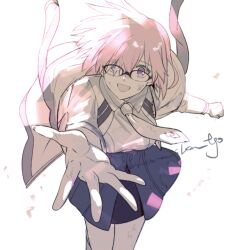  1girl aki_(neyuki41028) artist_name black_skirt bloom breasts clenched_hand eyes_visible_through_hair fate/grand_order fate_(series) jacket large_breasts leaning_forward long_sleeves looking_at_viewer mash_kyrielight necktie open_clothes open_jacket outstretched_arm overlighting pink_hair reaching reaching_towards_viewer scratches short_hair skirt smile solo violet_eyes white_necktie 