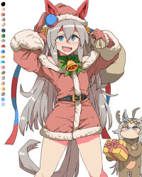  2girls ahoge animal_costume animal_ears antlers bare_shoulders bell belt black_belt blue_eyes blue_hairband blush bow box christmas coat ear_covers ear_ornament ears_through_headwear fake_antlers fang fur-trimmed_gloves fur-trimmed_headwear fur_trim gift gift_box gloves green_bow grey_hair grey_tail hair_between_eyes hairband hat headband holding holding_gift holding_sack horns horse_ears horse_girl horse_tail long_hair long_sleeves multicolored_hairband multiple_girls off-shoulder_coat off_shoulder oguri_cap_(umamusume) open_mouth red_coat red_gloves red_hat red_headband reindeer_antlers reindeer_costume sack santa_costume santa_hat smile striped_clothes striped_hairband tail tamamo_cross_(umamusume) toriga_naku two-tone_hairband umamusume very_long_hair 