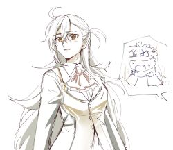  1boy 1girl anger_vein antenna_hair ascot brooch buttons crossed_bangs cu_chulainn_(caster)_(fate) cu_chulainn_(fate) fang fate/grand_order fate_(series) hair_between_eyes highres jacket jewelry long_hair long_sleeves olga_marie_animusphere open_mouth red_ascot sad_smile simple_background smile white_background zuruhari 