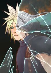  3boys aqua_eyes armor black_background black_hair black_hood black_robe blonde_hair blue_shirt breaking cloud_strife cross_scar final_fantasy final_fantasy_vii final_fantasy_vii_remake furrowed_brow grey_hair highres hood hood_up hooded_robe long_hair male_focus multiple_boys noctglaiveart parted_bangs parted_lips pauldrons robe scar scar_on_cheek scar_on_face sephiroth shirt short_hair shoulder_armor single_pauldron sleeveless sleeveless_turtleneck spiky_hair suspenders turtleneck upper_body zack_fair 