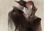  1boy 1girl black_headwear bloodborne blue_eyes brown_gloves closed_mouth coat flower gehrman_the_first_hunter gloves hat hat_flower long_hair looking_at_another naux painterly plain_doll rose signature upper_body white_hair yellow_flower yellow_rose 