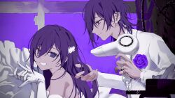 1boy 1girl barbell_piercing bed_sheet black_blood blazer bleeding blood boutonniere closed_mouth couple curtains dress ear_chain ear_piercing earrings elbow_gloves flower gloves grin hair_dryer hair_over_one_eye hand_grab hand_in_another's_hair hetero heterochromia highres holding holding_hair_dryer hoop_earrings indie_utaite industrial_piercing inverted_cross_earrings jacket jewelry lapels linked_piercing long_hair long_sleeves looking_at_another looking_at_viewer medium_hair mekabusoup multiple_piercings own_hands_together piercing purple_flower purple_rose ring rope rose second-party_source shirt sidelocks sleeveless sleeveless_dress smile stud_earrings tissue_box tonochuu_(yukimura) turning_head violet_eyes white_dress white_gloves white_jacket white_shirt wolf_cut yukimura_(utaite) zuutto_issho_(kitani_tatsuya) 