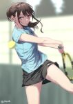  1girl ball black_shorts blue_shirt blurry blurry_background brown_hair commentary_request holding holding_racket jonsun looking_at_viewer motion_blur original ponytail racket red_eyes shiori_(jonsun) shirt short_hair short_sleeves shorts solo sportswear tennis tennis_ball tennis_racket tennis_uniform thighs twitter_username 