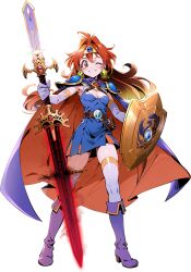  1girl araizumi_rui boots breasts cape double_blade dress full_body holding holding_sword holding_weapon lina_inverse long_hair looking_at_viewer official_art one_eye_closed red_eyes red_hair shield slayers small_breasts smile solo sword transparent_background weapon 