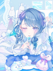  1girl :p ankle_ribbon awanoo bloom_festival_(project_sekai) blue_eyes blue_hair blush bow candy commentary curly_hair dress food frilled_dress frills hair_bow high_heels highres holding holding_candy holding_food holding_lollipop kiritani_haruka leg_ribbon lollipop long_hair long_sleeves looking_at_viewer lying official_alternate_costume official_alternate_hair_length official_alternate_hairstyle on_stomach one_eye_closed picture_frame project_sekai ribbon shoes sleeves_past_wrists solo stuffed_animal stuffed_penguin stuffed_toy swept_bangs tongue tongue_out white_bow white_dress white_shoes 