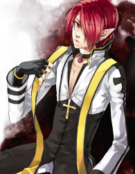  1boy arch_bishop_(ragnarok_online) black_choker black_coat black_gloves brown_background choker closed_mouth coat commentary_request cropped_jacket cross cross_choker cross_necklace cross_of_prontera fingerless_gloves gloves hair_between_eyes hair_over_one_eye jacket jewelry long_bangs long_sleeves looking_at_viewer male_focus masato_(mstlp) necklace open_mouth pectoral_cleavage pectorals pointy_ears ragnarok_online red_eyes red_hair short_hair smile solo upper_body white_background white_jacket 