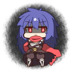  1boy armored_boots assassin_cross_(ragnarok_online) blue_hair boots brown_pants brown_shirt chibi chibi_only closed_mouth commentary_request crossed_arms eremes_guile frown full_body highres long_hair looking_at_viewer male_focus pants ragnarok_online red_eyes red_scarf scarf shaded_face shirt shizukushigure skull solo v-shaped_eyebrows vambraces white_background 