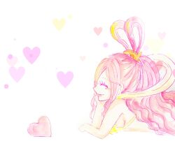  1girl ^_^ bikini bikini_top_only blush closed_eyes eyelashes hagoromo half_updo head_rest heart highres karin10_op long_hair one_piece pink_hair profile shawl shirahoshi sidelocks smile swimsuit yellow_bikini 