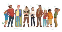  3girls 6+boys alf_(greekceltic) barefoot blonde_hair blue_eyes blue_hoodie blue_jacket blue_pants bo_(greekceltic) brown_eyes brown_hair brown_jacket brown_pants brown_sandals brown_shoes cori_(greekceltic) crossed_arms dark_skin dated full_body gale_(greekceltic) greekceltic green_eyes green_shirt grey_shoes height height_chart height_difference herman_(greekceltic) highres hood hoodie jacket jacky_(greekceltic) long_hair long_sleeves medium_hair multiple_boys multiple_girls orange_hair original pants pointy_ears ponytail red_shirt sandals shirt shoes short_hair short_sleeves signature simple_background sleeveless standing suitcase white_background white_shirt white_shoes yellow_hoodie yellow_shirt 