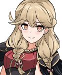  1girl absurdres armor bangs bow braid breastplate brown_eyes brown_hair faye_(fire_emblem) fire_emblem fire_emblem_echoes:_shadows_of_valentia fire_emblem_heroes hair_bow highres long_hair looking_at_viewer official_alternate_costume pink_bow shoulder_armor smile solo thigh_high_tavi twin_braids twintails upper_body white_background 