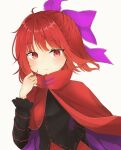  1girl bangs black_shirt bow cloak closed_mouth hair_bow highres long_sleeves looking_at_viewer purple_bow red_eyes redhead sekibanki shirt short_hair simple_background solo touhou upper_body user_fhnt8742 white_background 