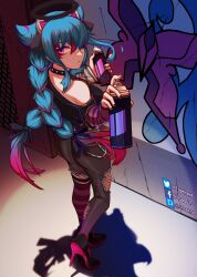  1girl absurdres black_halo black_nails blue_hair braid closed_mouth collar era_(omega_strikers) facebook_logo facebook_username fishnets from_above from_side graffiti hair_horns halo high_heels highres holding holding_spray_can legband looking_at_viewer multicolored_hair official_alternate_costume official_art omega_strikers pants pink_eyes pink_hair pixiv_logo pixiv_username shadow spiked_collar spikes spray_can spray_paint striped_clothes striped_thighhighs thigh-highs torn_clothes torn_pants tsp twin_braids twitter_logo twitter_username 