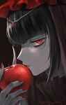  1girl apple bangs black_hair celestia_ludenberg danganronpa:_trigger_happy_havoc danganronpa_(series) food fruit hair_ornament highres holding holding_food holding_fruit jewelry long_hair looking_at_viewer parted_lips porary profile red_apple red_eyes red_lips red_nails solo teeth upper_body 