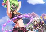  1girl 2boys arataki_itto armpits blue_sky blurry blurry_background cloud clouds crying exercise feet genshin_impact green_hair hand_on_head horns hula_hoop kuki_shinobu lightning_bolt looking_at_another mask navel oni oni_horns open_mouth ribbon ring_fit_adventure sandals short_hair sleeveless stomach sweat tears teeth tree trees violet_eyes white_hair 