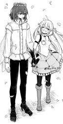  1boy 1girl ahoge artoria_caster_(fate) artoria_caster_(first_ascension)_(fate) artoria_pendragon_(fate) blaulilie110 boots breasts closed_eyes commentary_request crown detached_sleeves dragonfly_wings dress falling_petals fate/grand_order fate_(series) greyscale highres holding_hands knee_boots light_frown medium_breasts monochrome no_headwear oberon_(fate) oberon_(third_ascension)_(fate) open_mouth pantyhose petals short_dress smile twintails twitter_username 