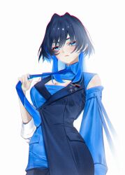  1girl absurdres arm_up blue_eyes blue_hair breasts highres holding holding_jewelry holding_necklace hololive hololive_english jewelry large_breasts looking_at_viewer necklace necktie orianareii ouro_kronii simple_background solo solo_focus standing upper_body virtual_youtuber white_background 