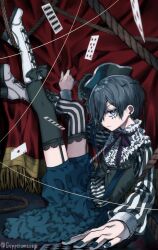  1boy ace_(playing_card) ace_of_hearts ascot asymmetrical_legwear behind_curtains bicorne black_bow black_jacket black_nails black_thighhighs bloomers blue_eyes blue_hair blue_skirt boots bow card child ciel_phantomhive collar cropped_jacket curtains earrings eyepatch facial_mark footwear_bow frilled_collar frilled_skirt frills garter_straps geppeiumasugi hair_over_eyes hat hat_feather heart highres holding holding_card jacket jewelry knee_boots kuroshitsuji lace-trimmed_thighhighs lace-up_boots lace_trim legs_up long_sleeves looking_at_viewer male_focus mismatched_legwear nail_polish neck_ribbon one_eye_covered ouji_fashion parted_bangs playing_card puffy_long_sleeves puffy_sleeves purple_ribbon ribbon seven_of_hearts shirt short_hair shorts shorts_under_skirt sitting skirt sleeve_cuffs solo star_(symbol) star_facial_mark striped_clothes striped_shirt striped_thighhighs suit_jacket suspenders swept_bangs thigh-highs unamused vertical-striped_clothes vertical-striped_shirt vertical-striped_thighhighs white_ascot white_boots zettai_ryouiki 