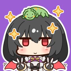  1girl animal_on_head armor black_hair blush breastplate chibi chibi_only closed_mouth commentary_request double_v dragon_knight_(ragnarok_online) gauntlets highres lizard looking_at_viewer on_head purple_background ragnarok_online red_eyes red_wings shizukushigure simple_background smile solo sparkle upper_body v wings 