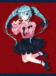  1girl ;d bandaid bandaid_on_neck bangs bat_wings blue_eyes blue_hair blush center_frills collared_shirt facial_mark frills grin hair_ornament hair_ribbon hairclip hatsune_miku heart heart_facial_mark heart_hair_ornament heart_hands high_heels highres jewelry jumping long_hair long_sleeves looking_at_viewer multiple_rings nail_polish neck_ribbon one_eye_closed puffy_long_sleeves puffy_sleeves ribbon ring rooibos shirt shirt_tucked_in skirt sleeve_bow smile socks solo strappy_heels twintails vampire_(vocaloid) very_long_hair vocaloid wings wristband 