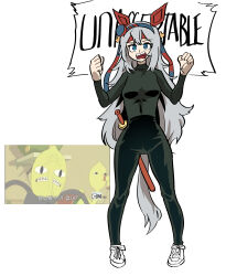 1girl adventure_time animal_ears black_pants black_shirt blue_eyes blue_hairband cartoon_network clenched_hands dinoyhs english_text grey_hair hairband hands_up headband highres horse_ears horse_girl horse_tail long_hair open_mouth pants red_headband screenshot_inset sheath sheathed shirt shoes simple_background standing sword tail tamamo_cross_(umamusume) umamusume very_long_hair weapon white_background white_shoes