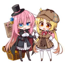  2girls ahoge alternate_costume alternate_hairstyle black_boots black_cape black_gloves black_hat black_pantyhose blonde_hair blue_eyes blush bocchi_the_rock! boots bow bowtie breasts brown_hat cape chibi chibi_only chika_(06chimika13) coin commentary_request cube_hair_ornament cuffs gloves gold_coin gotoh_hitori gotoh_hitori_(octopus) gotoh_hitori_(tsuchinoko) hair_between_eyes hair_ornament hand_on_own_hip handcuffs hat lace-up_boots large_breasts long_sleeves looking_at_another low_twintails mini_hat mini_top_hat monocle multiple_girls open_mouth pantyhose pink_hair polka_dot polka_dot_bow polka_dot_bowtie red_bow red_bowtie red_eyes simple_background smile standing top_hat treasure_chest twintails wanted_poster white_background white_pantyhose yellow-framed_eyewear 