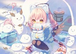  1girl :3 animal_ears black_pantyhose blue_coat blue_mittens blue_shoes breath cat_ears coat commentary_request datenchi_yua day earmuffs fake_animal_ears full_body fur-trimmed_coat fur-trimmed_shoes fur-trimmed_sleeves fur_trim hands_up igloo indie_virtual_youtuber long_hair long_sleeves mittens outdoors pantyhose pink_hair shoes shuu_(syuuuuuuuuuu) snow snow_shelter snowman solo squatting virtual_youtuber winter yellow_eyes |_| 