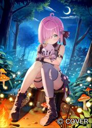  1girl ahoge arm_strap black_boots black_gloves black_panties black_shorts boots braid campfire chest_harness collared_shirt commentary_request copyright_name crescent_moon cropped_vest earrings eyewear_on_head fireflies full_body gloves green_eyes grey_shirt grey_thighhighs grey_vest hair_over_one_eye hair_ribbon harness heart heart-shaped_eyewear himemori_luna himemori_luna_(streetwear) holding hololive jewelry jungle knees_together_feet_apart looking_at_viewer luknight_(himemori_luna) moon mushroom nature night o-ring o-ring_arm_strap o-ring_thigh_strap official_alternate_costume official_alternate_hairstyle official_art outdoors panties panty_straps pink_hair ribbed_shirt ribbon shirt short_hair short_shorts shorts side_braid single_thighhigh sitting solo star_o-ring sunglasses tauta_(meshia8787) thigh-highs thigh_strap torn_clothes torn_thighhighs tree underwear vest virtual_youtuber wallet_chain 