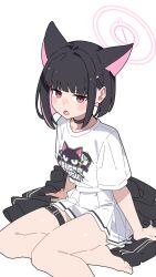  1girl :o animal_ears black_choker black_hair black_jacket blue_archive blush cat_ears choker collarbone colored_inner_animal_ears colored_inner_hair commentary_request group_name hair_ornament hairclip halo hand_on_floor highres jacket kazusa_(band)_(blue_archive) kazusa_(blue_archive) looking_at_viewer mikokomiyazawa multicolored_hair official_alternate_costume on_floor pink_eyes pink_hair pleated_skirt shirt short_hair short_sleeves sidelocks sitting skirt solo unworn_jacket white_background white_shirt white_skirt yokozuwari 