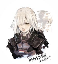  1girl absurdres armor artist_name closed_mouth cropped_torso dated dutch_flag hair_over_one_eye highres hua_ha_jiazi iana_(rainbow_six_siege) lips military_combat_uniform military_uniform multiple_views rainbow_six_siege short_hair shoulder_armor white_background white_hair yellow_eyes 